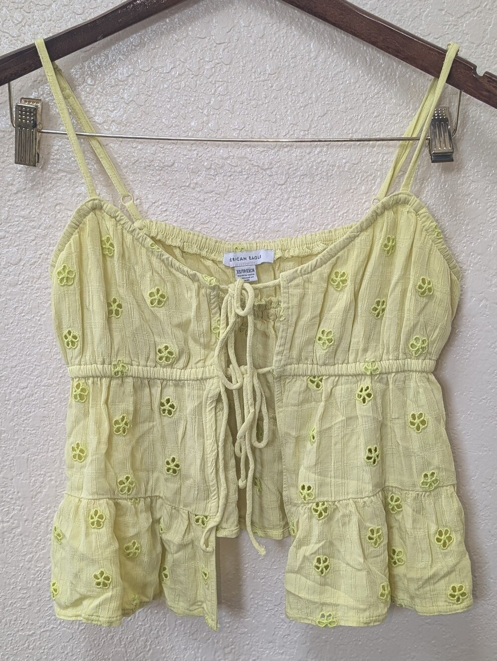 Yellow American Eagle Tie-front Blouse W/ Floral Eyelets. Size XS